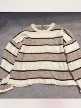 Cece Crewneck Sweater Lightweight Cream/ Brown Striped Size Medium